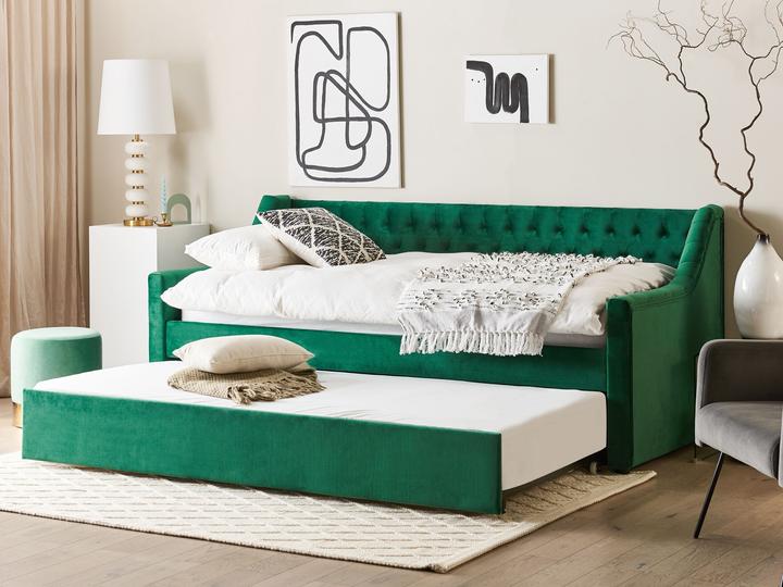 Actual product image Beliani Daybed extendable velvet fabric emerald green slatted frame 90 x 200 cm MONTARGIS (90 x 200 cm)
