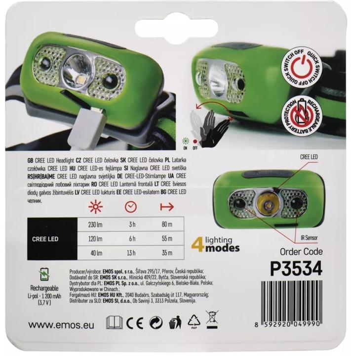 Actual product image Emos CREE LED Rechargeable Headlamp, 230 lm, 80 m, Li-Pol 1200 mAh (230 lm)