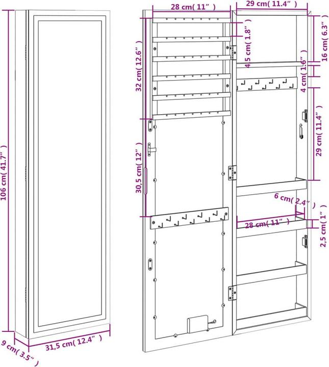 Immagine prodotto vidaXL Spiegel-Schmuckschrank (31.50 x 106 cm)