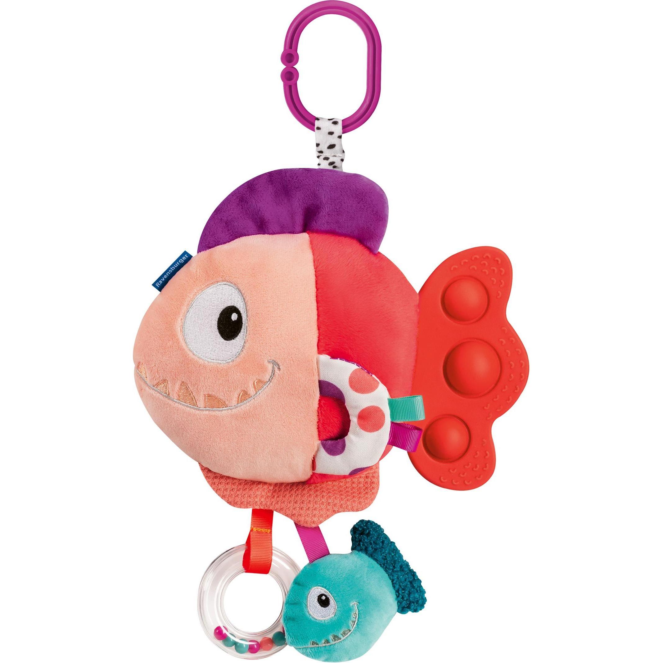 Ravensburger, Babyrassel, 4871 play+ Pop-it Piranha (rot), Kuscheltier mit vielen Spieleffekten, Baby-Spielzeug