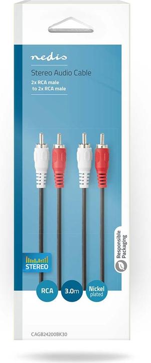 Produktbild Nedis Valueline Audiokabel Stereo, 2 x Cinch-Stecker auf 2 x Cinch-Stecker, 3 m, Schwarz (3 m, Cinch Kabel)