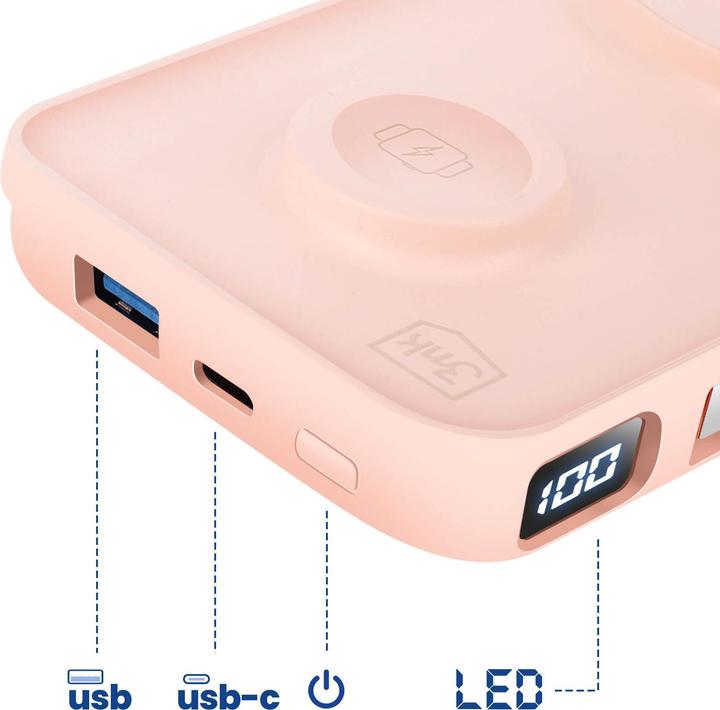 Produktbild 3MK Powerbank PastelUp 10,000mAh 22.5W z Magsafe + ładowanie Apple Watch różowy (10000 mAh, 22.50 W, 37 Wh)