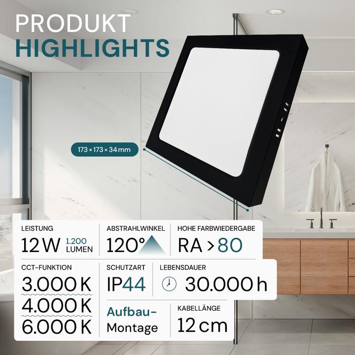 Produktbild Luxula LED-Deckenleuchte, 12W, EEK: F, 1200lm, CCT, IP44, quadrat, schwarz (1200 lm)