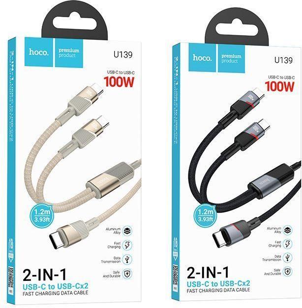 Actual product image Hoco Cable Cable 2in1 USB C to USB C / USB C 5A 100W 1,2 m U139 black (1.20 m, 100 W)
