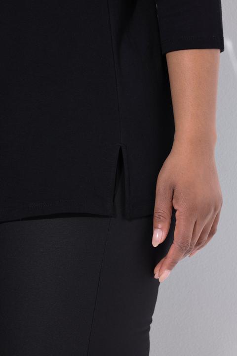 Image du produit Ulla Popken T-shirt évasé en coton Pima, à col rond et manches 3/4, pierres fantaisie (54)