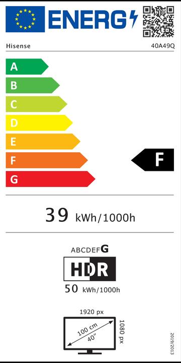 Label énergétique Hisense Smart TVHD Ready, Schwarz, F (40", LED, HD ready)