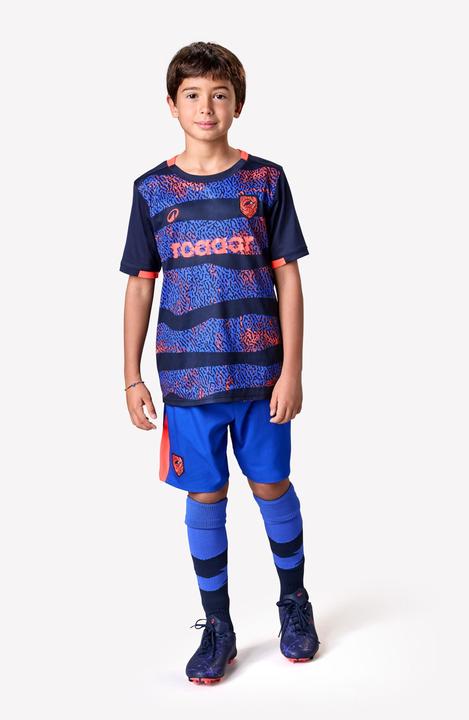 Produktbild Kipsta Kinder Fussball Trikot kurzarm - VIRALTO Kids Roarrr Rhino Streifen blau/violett (134)