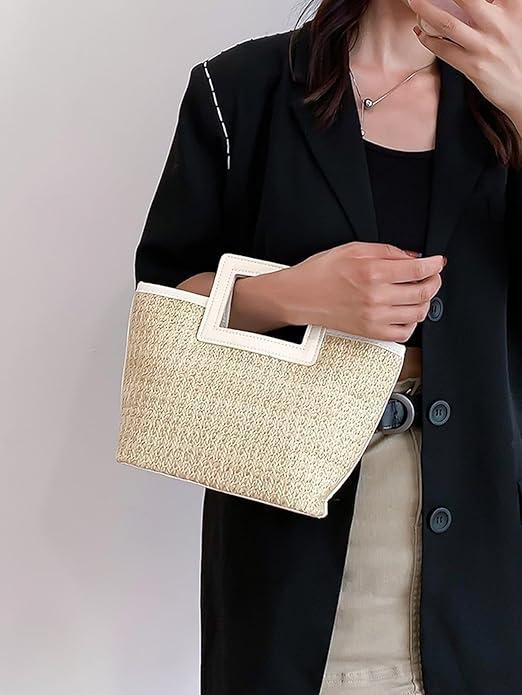 Produktbild Only-Bags.Store Stroh gewebt Handtasche, Boho Style Tote Bag, Sommer Tasche für Frauen, Stroh Kontrast Handtasche