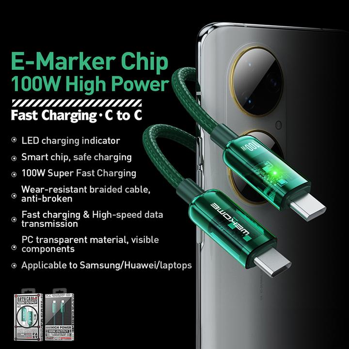 Actual product image Wekome WDC-193 Vanguard series - USB-C to USB-C super fast charging connection cable 100 W 1 m (Green) (1 m, USB 3.2 Gen 1, 100 W)