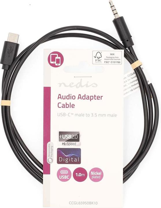 Produktbild Nedis USB-C™ Adapter | USB 2.0 | USB-C™ Stecker | 3.5 mm Stecker | 1.00 m | Rund | Vernickelt | Schw (1 m, 3.5mm Klinke (AUX))