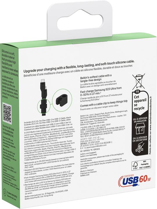 Image du produit Belkin USB-C vers USB-C Silicone Noir Mix1m Twin (1 m, USB 3.2 Gen 1)