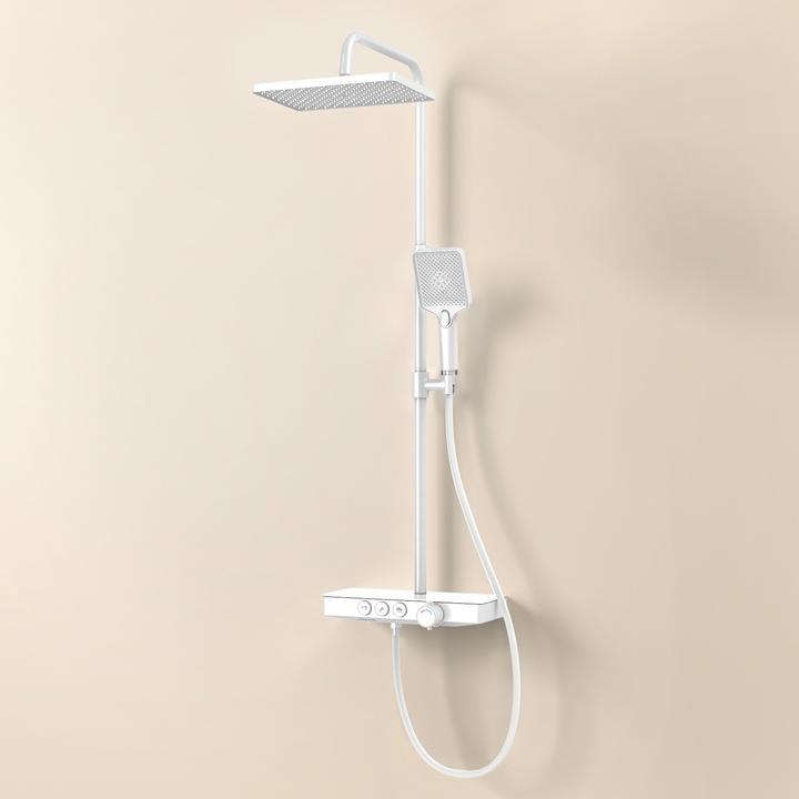 Produktbild Emke Duschsystem mit Thermostat, Handbrause + Regendusche(3 Strahlstärken) + Unterer Auslass, Weiss