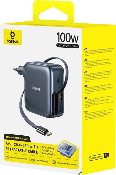 Image du produit Baseus EnerCore CJ11 Charger Retractable 2C+U 100W EU Black (100 W, 3 ports)