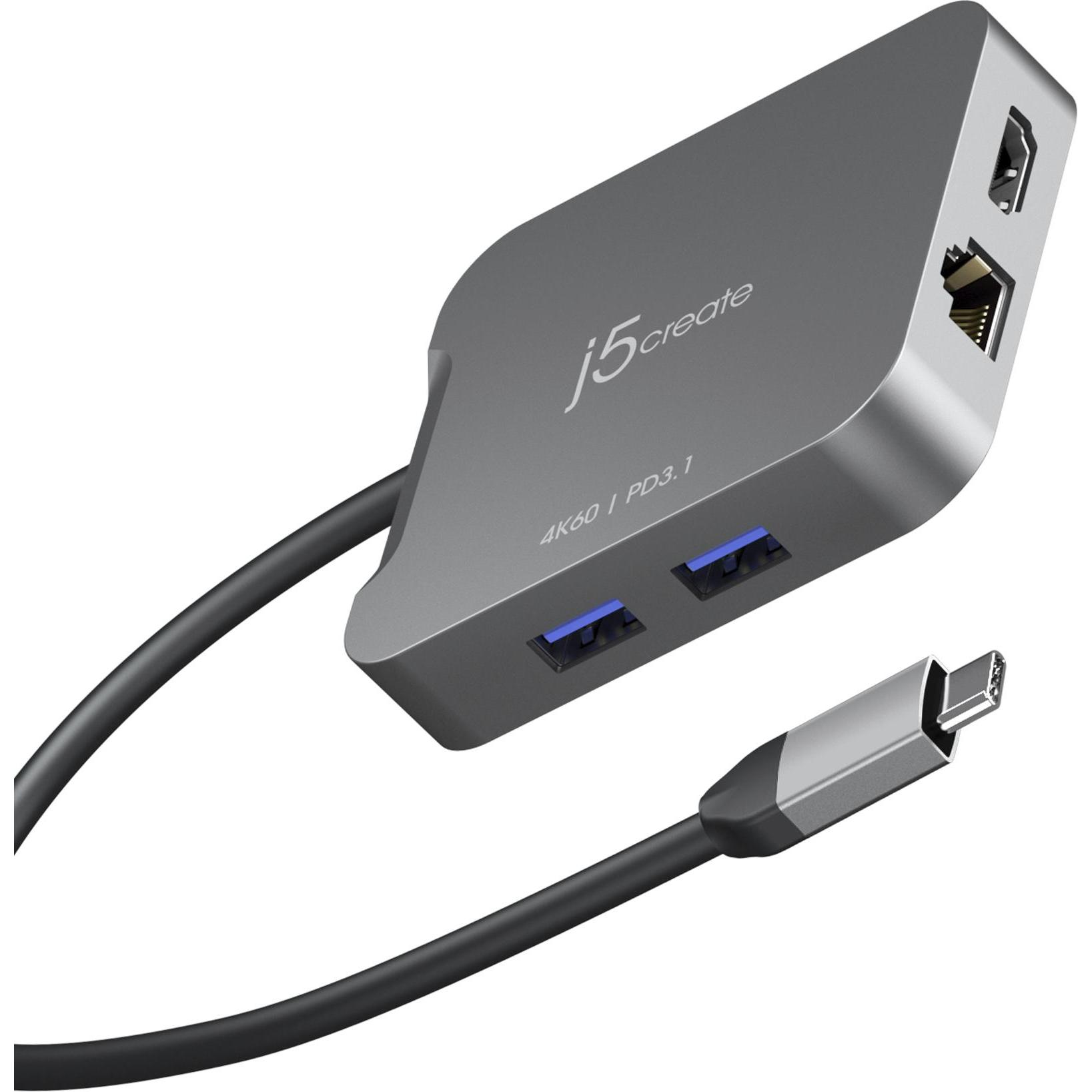j5Create JCD3191-N, Kabelgebunden, USB 3.2 Gen 2 (3.1 Gen 2) Type-C, 140 W, 10,100,1000 Mbit/s, Grau (1 Ports), Dockings...