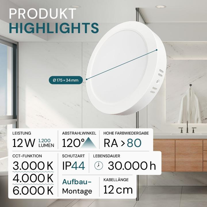 Produktbild Luxula LED-Deckenleuchte, 12W, EEK: F, 1200lm, CCT, IP44, rund, weiss (1200 lm)