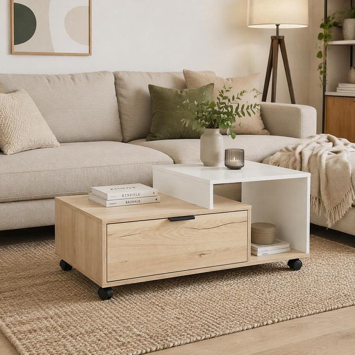 Produktbild HTI-Living Couchtisch Cedrik auf Rollen mit Schublade Artisaneiche-Weiss (50 x 90 x 40 cm)
