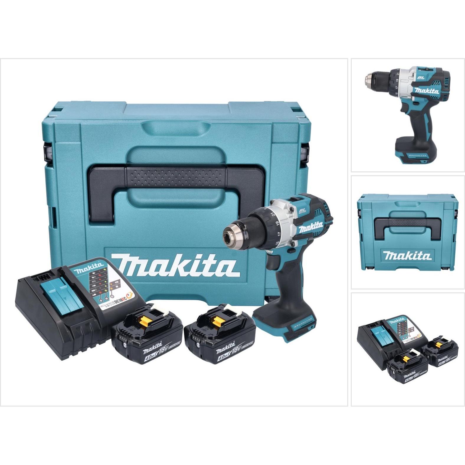 Makita, Bohrmaschine + Akkuschrauber, DHP 489 RMJ Akku Schlagbohrschrauber 18 V 73 Nm Brushless + 2x Akku 4,0 Ah + Ladeg...