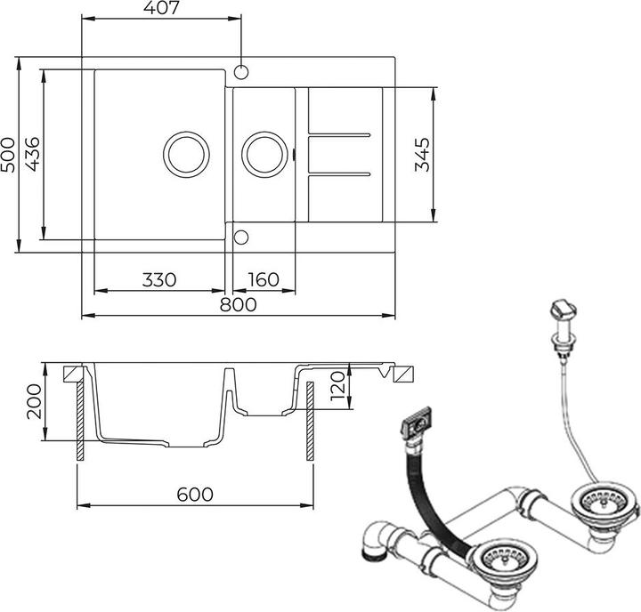 Produktbild Bergström Spülbecken Seattle, Weiss, 80 x 50 cm mit 2 Spülbecken & Trockenplatz (Einbauspüle mit Abtropffläche, 50 cm, 80 cm)
