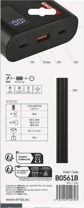 Produktbild Emos Powerbank NTBF30, 27 000 mAh, 100 W PD, schwarz (27000 mAh, 100 W, 99.90 Wh)
