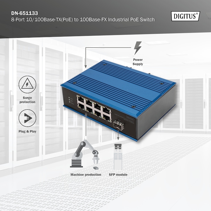Produktbild Digitus 8-Port 10/100Base-TX(PoE) to 100Base-FX Industrial PoE Switch (8 Ports)