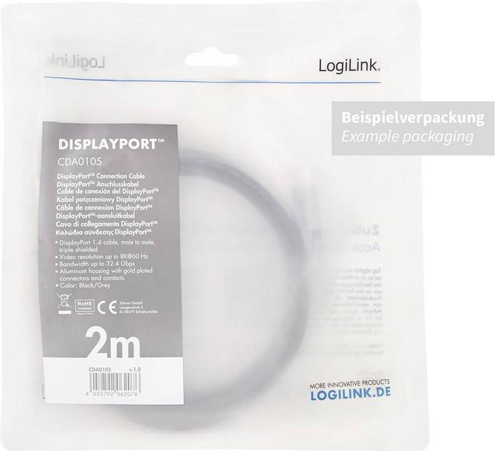 Productafbeelding LogiLink CDA0104 DisplayPort-kabel DP/M naar DP/M, 8K/60 Hz, alu, zwart/grijs, 1 m (1 m, DisplayPort, 1.4)