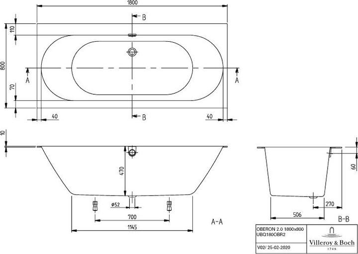 Produktbild Villeroy & Boch V&B Einbauwanne OBERON 2.0 R-eck1800x800mm we (190 l, 180 cm, 80 cm)
