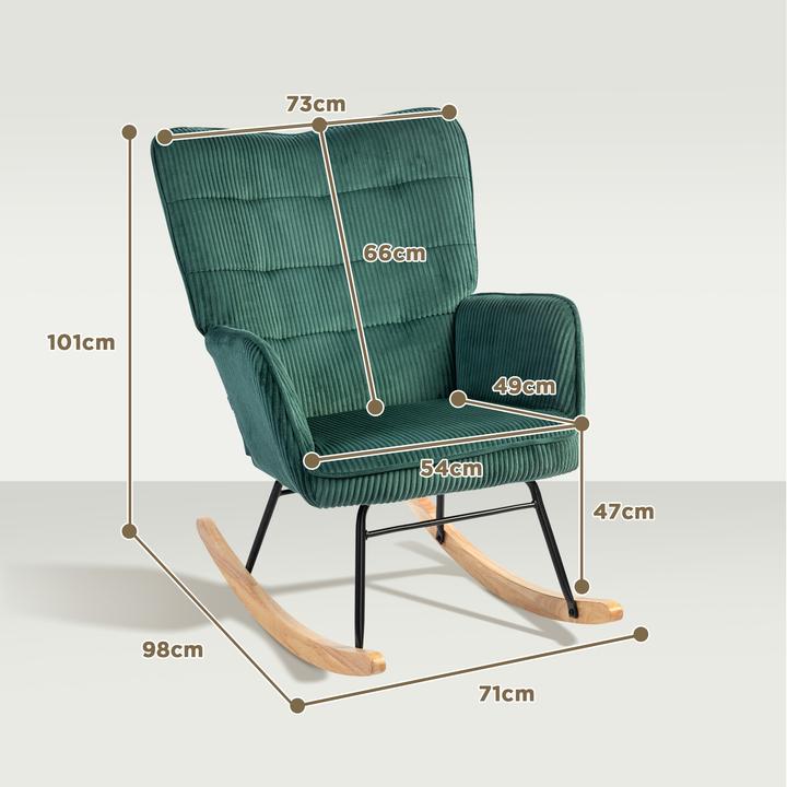 Image du produit Homcom Schaukelstuhl Kord (100% Polyester), Buchenholz, Stahl, Schaumstoff Dunkelgrün