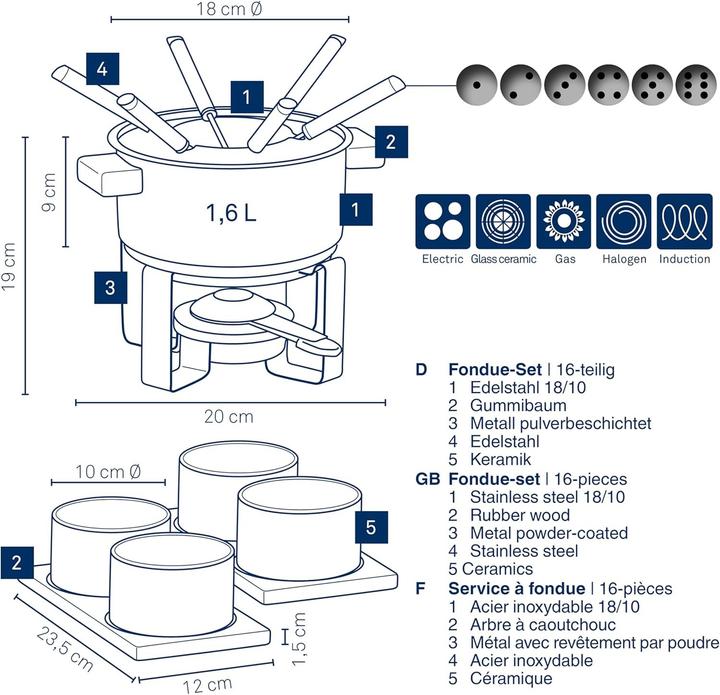 Produktbild Kela Fondue-Set GUNTEN 16-teilig Edelstahl mit 4 Keramikschalen (Fondue Bourguignonne)