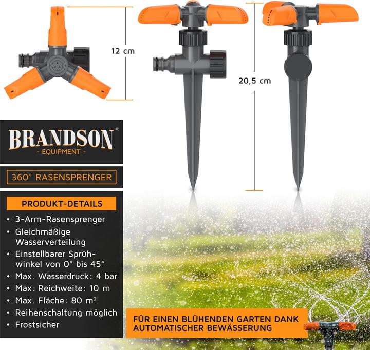 Image du produit Brandson 3x Kreisregner Garten Sprinkler, 360° Rasensprenger, 3 Arm Rasensprinkler rotierend bis 80 m² (Arroseur circulaire)