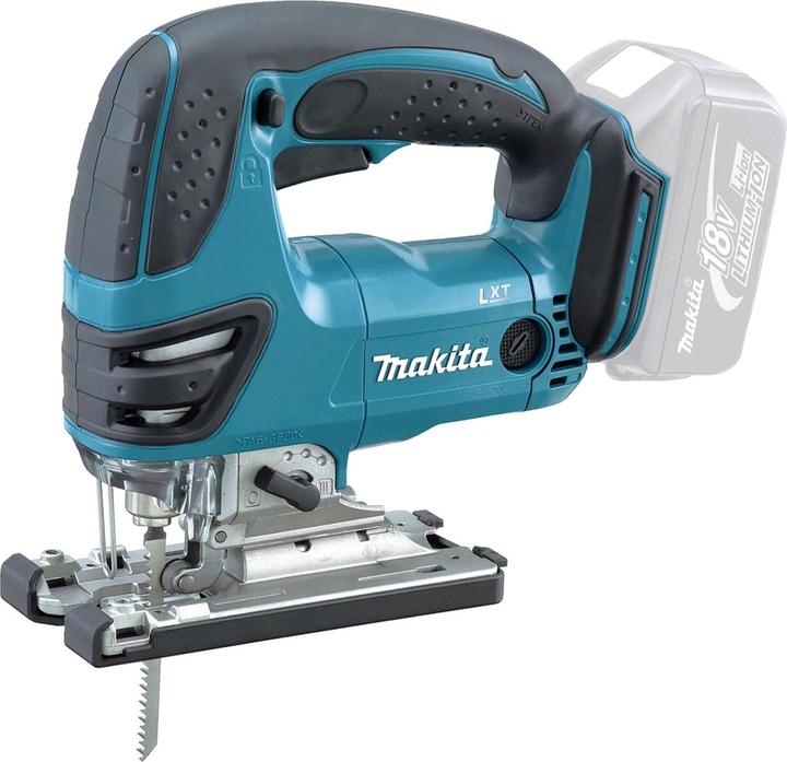 without battery, 4x Makita B-10 jigsaw blade, 4x Makita B-22 jigsaw blade, 1x suction nozzle (417853-4), 1x chip breaker protection (415524-7), 1x plastic sliding plate (417852-6), without charger, 1x Makita DJV 180 cordless jigsaw, 4x Makita BR-13 jigsaw blade