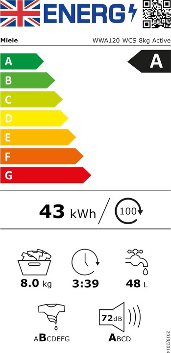 Energy Label Miele WWA120 WCS Lotosweiss 8kg Active Waschmaschine, 8kg (8 kg, Right)