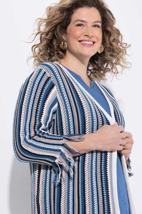 Produktbild Ulla Popken Long-Strickjacke, Ajourstreifen, Fransen, 3/4-Arm (50)