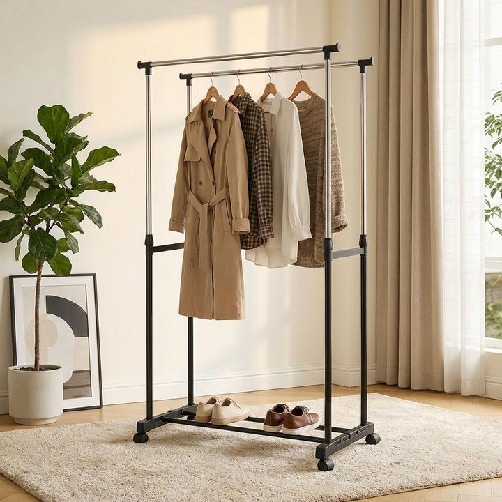 Produktbild Ideoon Mobiler Kleiderständer mit Doppel-Kleiderstange - 80 cm Breite - Höhenverstellbar von 90 bis 160 cm
