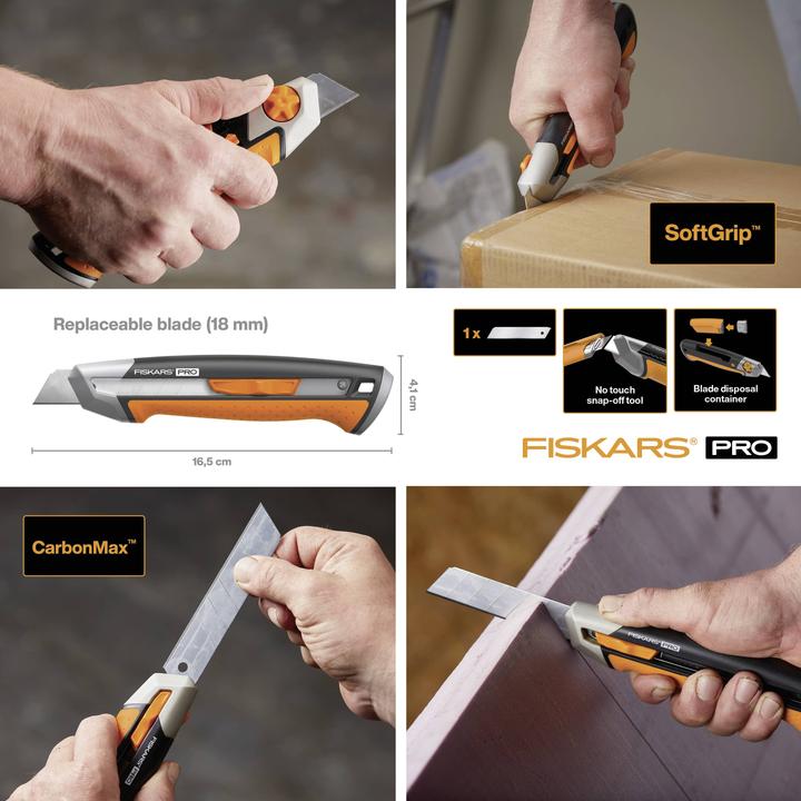 Produktbild Fiskars Cuttermesser, Länge 16,5 cm, Inklusive Klinge (18mm), Rostfreier Stahl/Kunststoff, Schwarz/O (Cutter)