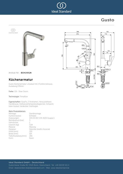 Actual product image Ideal Standard Gusto outlet 235mm L-spout 2F showerhead