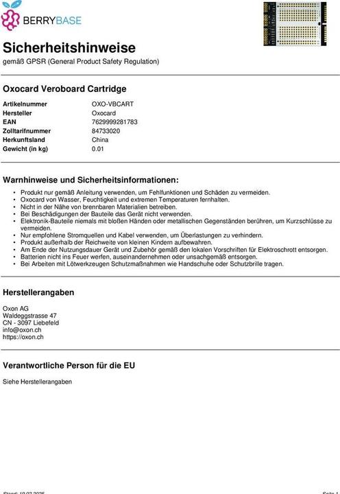Produktbild Oxon Breadboard Oxocard Connect Veroboard Cartridge