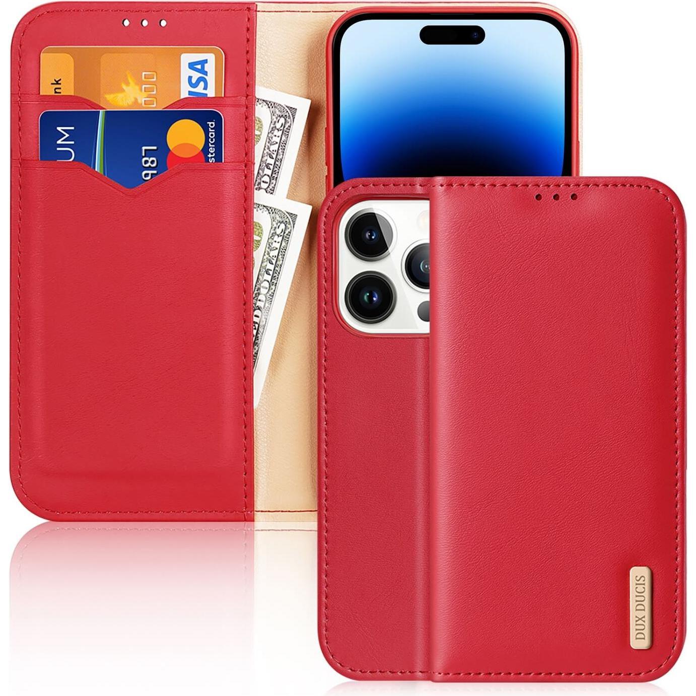 Dux Ducis Hivo Leder Flip Cover Echtleder Geldbörse für Karten und Dokumente iPhone 14 Plus Raudona (Apple iPhone 14 Plu...