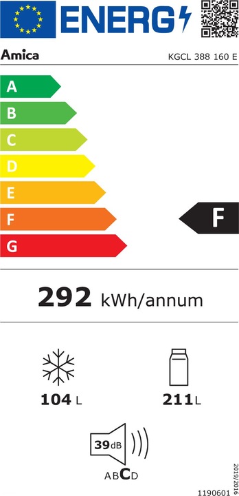 Etichetta energetica Amica Combinazione frigorifero-congelatore KGCL 388 160 E LxHxP 59,5 x 185,5 x 59,6 cm vano (315 l)