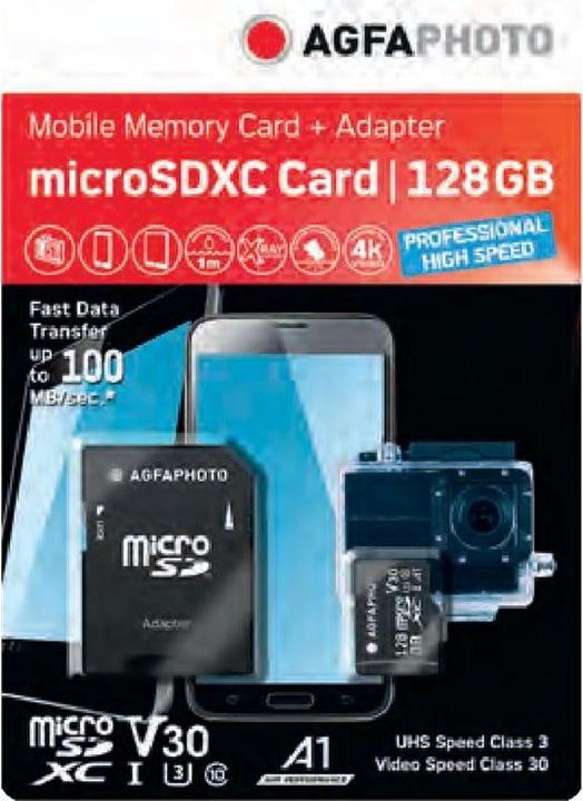 Actual product image AGFAPHOTO MicroSDXC UHS-I 128GB High Speed Class 10 U1 V10 (128 GB, microSDXC, U3, UHS-I)