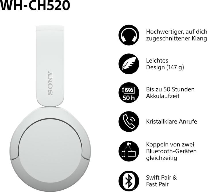 Produktbild Sony WH-CH520 (Keine Geräuschunterdrückung, 50 h, Kabellos)