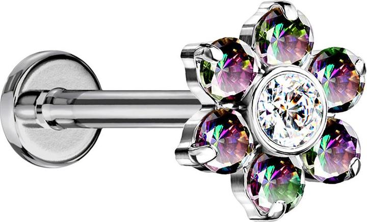 Immagine prodotto Star Piercing Micro Threadless Labret argento fiori cristalli scuri multicolore (senza ottone, Titanio)