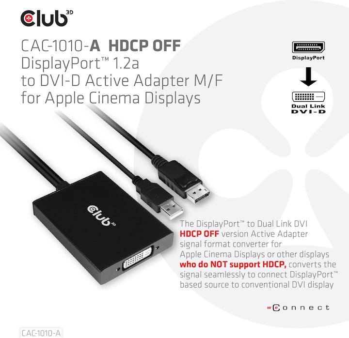 Image du produit Club 3D DisplayPort vers DVI-D Dual Link HDCP OFF (DVI, 60 cm)