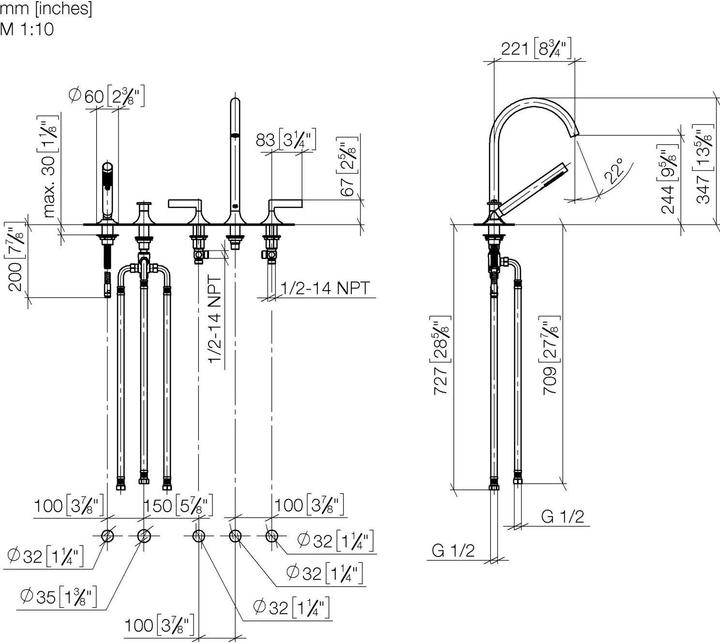 Produktbild Dornbracht VAIA Wannen-Fünflochbatterie, Wannenrandmontage, automatische Umstellung, Hebelgriff, Au