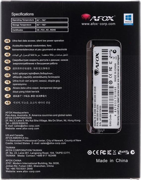 Nutritional values and ingredients AFOX SSD M.2 PCI-EX4 512GB INTEL TLC 1 7 GB/S NVME (512 GB, M.2 2280)