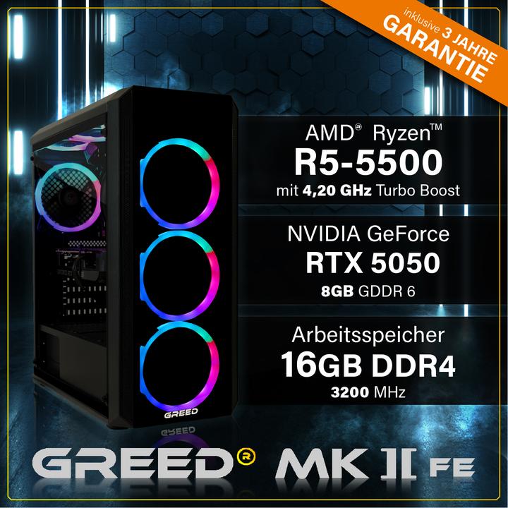 Produktbild Greed MK2 AMD FE - Gaming PC - RTX 5050 (512 GB, 16 GB, AMD Ryzen 5 5500, GeForce RTX 5050)