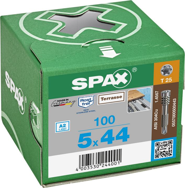 Actual product image Spax Alu Decking Screw 5,0 x 44mm A2 Stainless Steel - Fixing thread - Cylindrical head - Torx (100 Screws per piece)