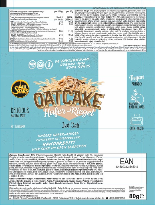 Nährwerte und Zutaten All Stars OATCAKE HAFER-RIEGEL (12 X 80G) Just Oats (Just Oats, 12 Stk.)