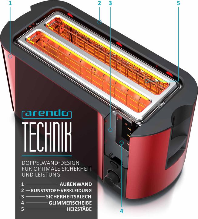 Actual product image Arendo 4 slice stainless steel toaster long slot, bread roll attachment, display with remaining time