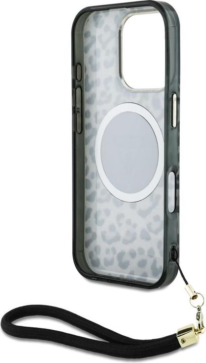 Actual product image Guess HC IML Leopard Triangle Cord Strap MagSafe Case for iPhone 16 Pro Max - Black