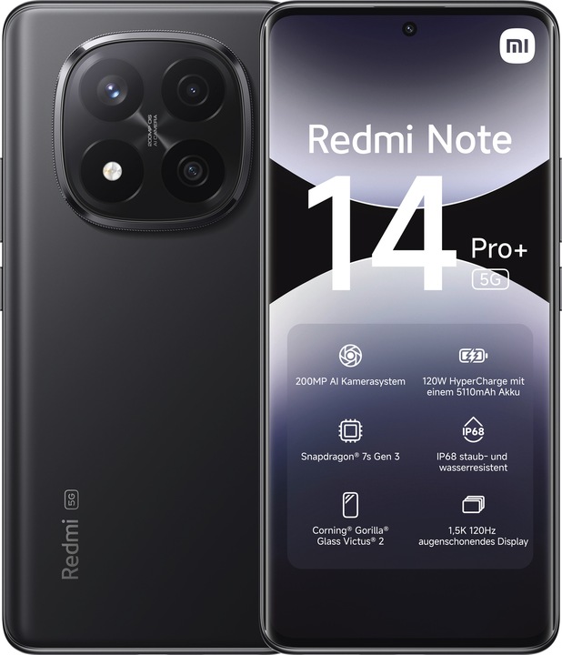 Produktbild Xiaomi Redmi Note 14 Pro+ 5G (256 GB, Midnight Black, 262.60", Dual SIM, 200 Mpx, 5G)